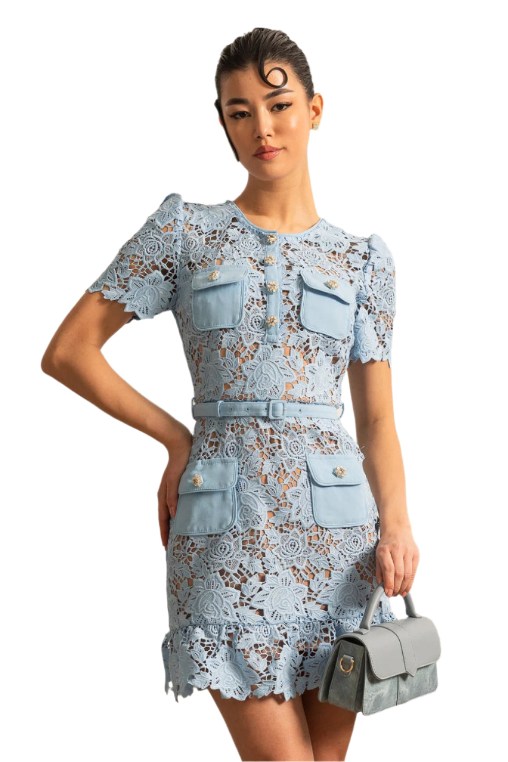 Blue Short Sleeve Embroidered Floral Dress – Feminine Elegance Meets Everyday Ease