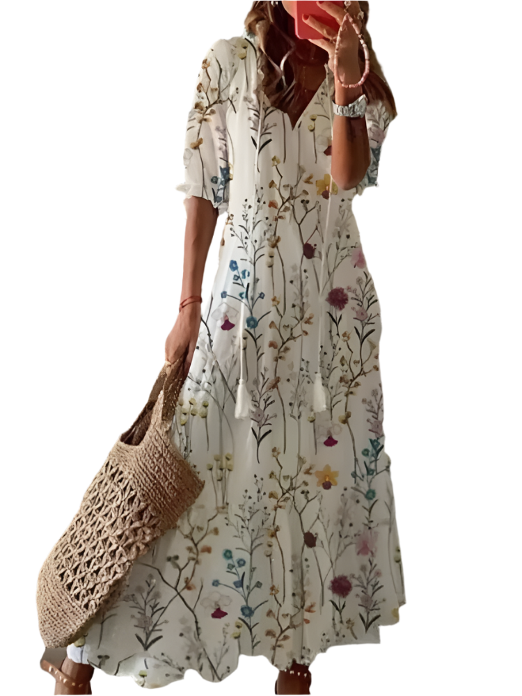 Elegant Printed V-Neck Long Dress – Spring & Summer Chic