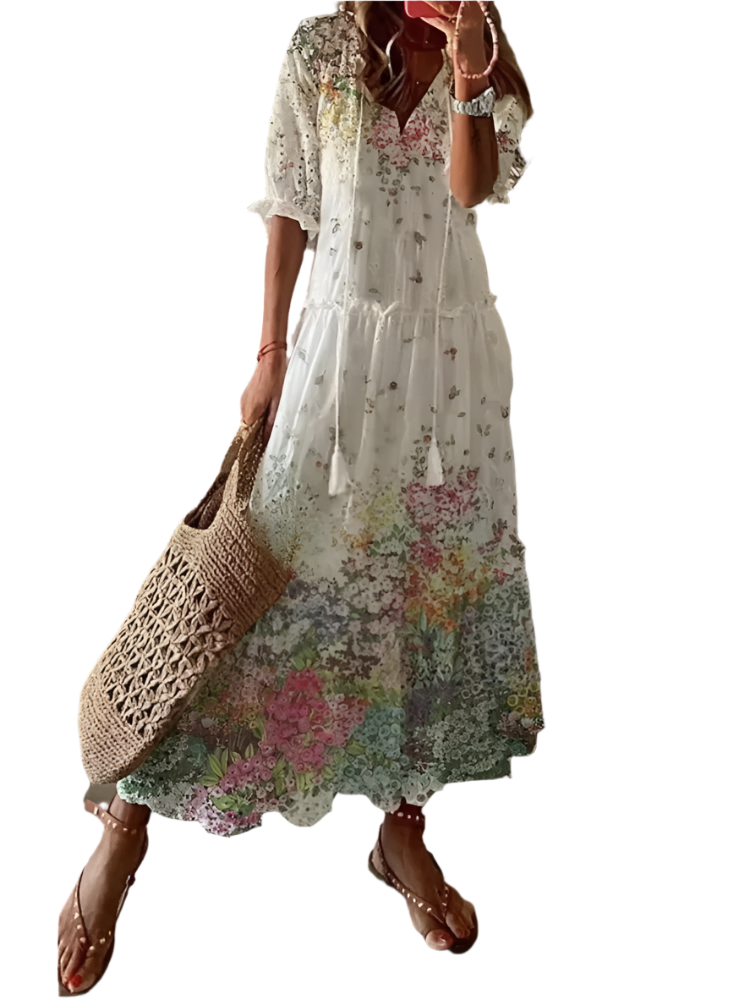 Elegant Printed V-Neck Long Dress – Spring & Summer Chic