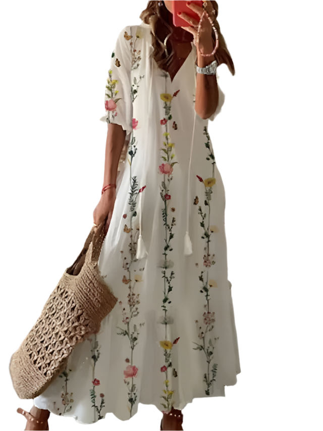 Elegant Printed V-Neck Long Dress – Spring & Summer Chic