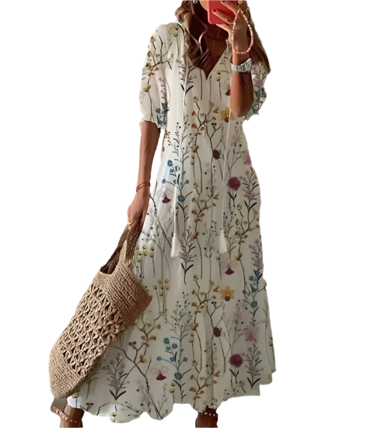 Elegant Printed V-Neck Long Dress – Spring & Summer Chic