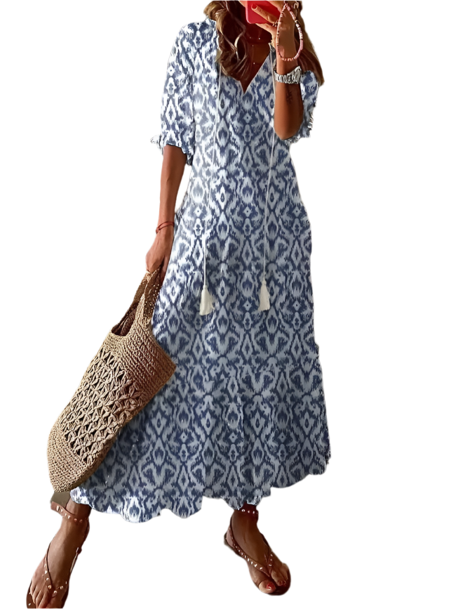 Elegant Printed V-Neck Long Dress – Spring & Summer Chic