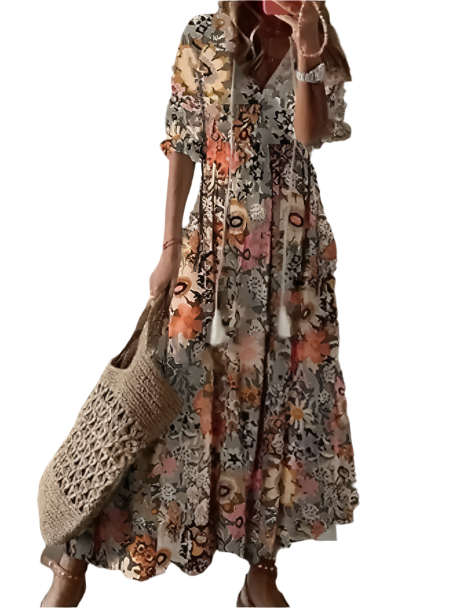 Elegant Printed V-Neck Long Dress – Spring & Summer Chic