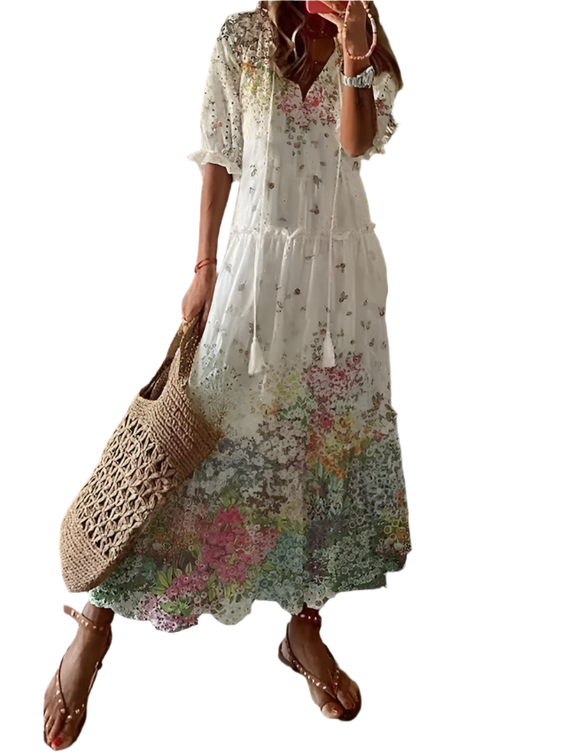 Elegant Printed V-Neck Long Dress – Spring & Summer Chic