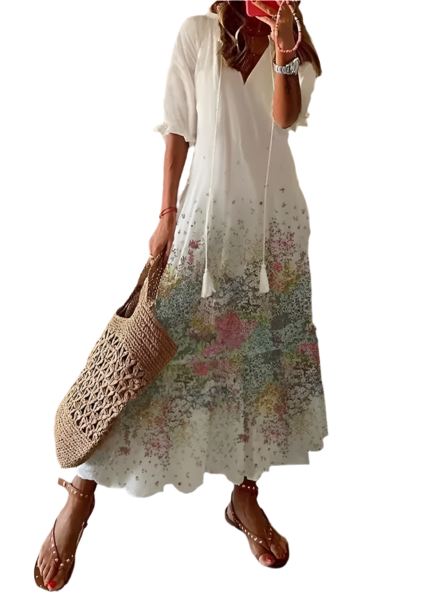 Elegant Printed V-Neck Long Dress – Spring & Summer Chic