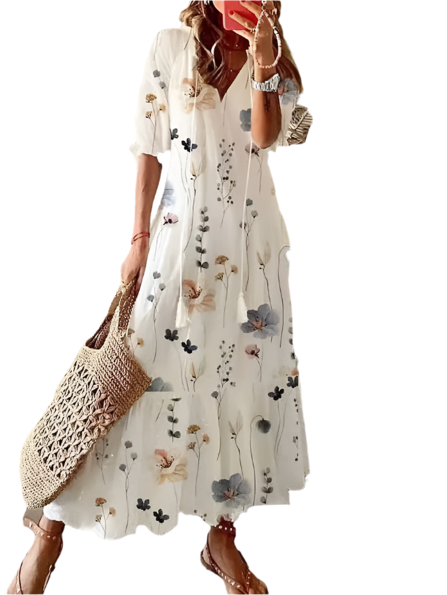 Elegant Printed V-Neck Long Dress – Spring & Summer Chic