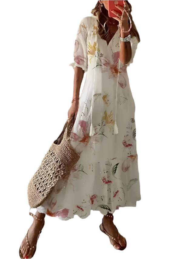 Elegant Printed V-Neck Long Dress – Spring & Summer Chic