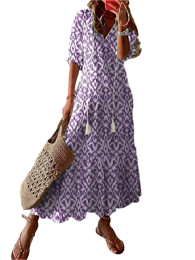 Elegant Printed V-Neck Long Dress – Spring & Summer Chic