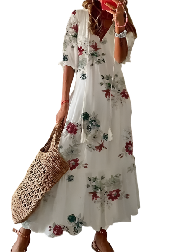 Elegant Printed V-Neck Long Dress – Spring & Summer Chic