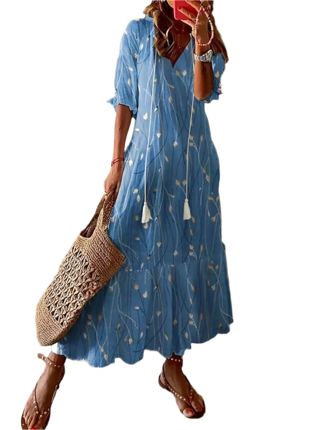 Elegant Printed V-Neck Long Dress – Spring & Summer Chic