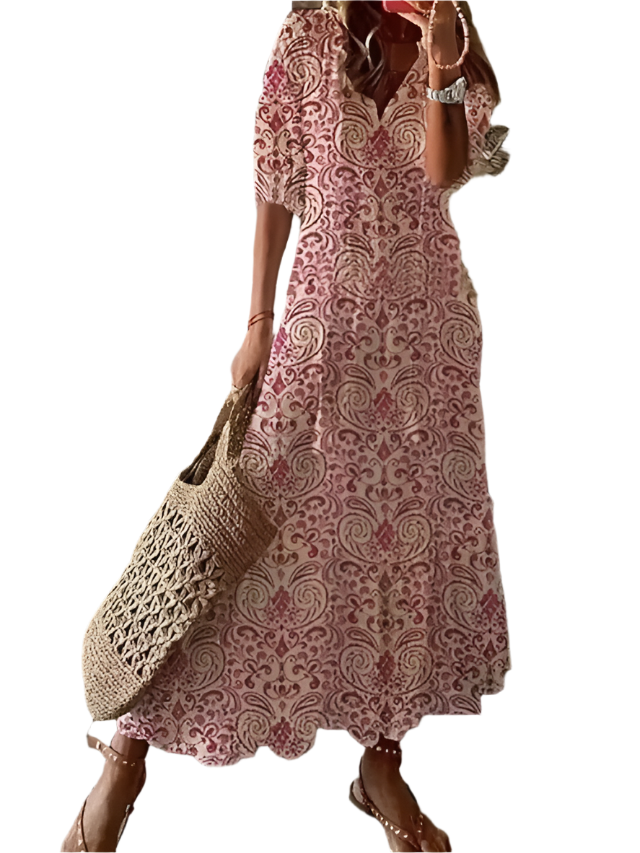 Elegant Printed V-Neck Long Dress – Spring & Summer Chic