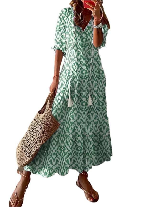 Elegant Printed V-Neck Long Dress – Spring & Summer Chic