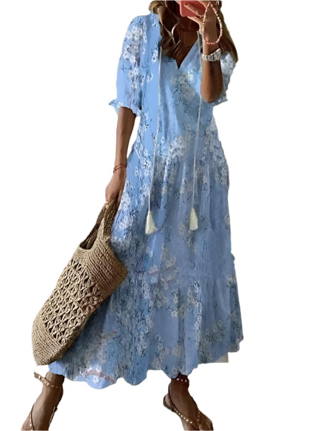 Elegant Printed V-Neck Long Dress – Spring & Summer Chic