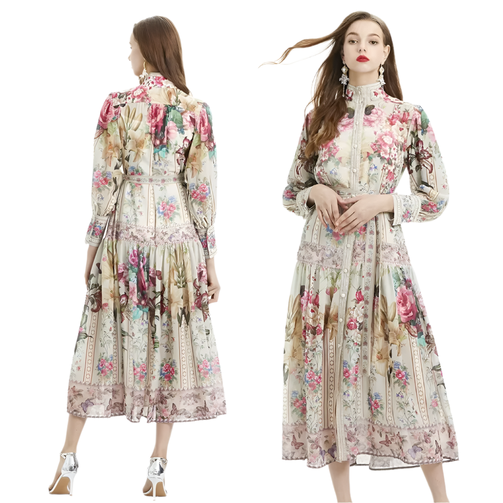 France Vintage-Inspired Elegant Print Dress – Timeless Sophistication