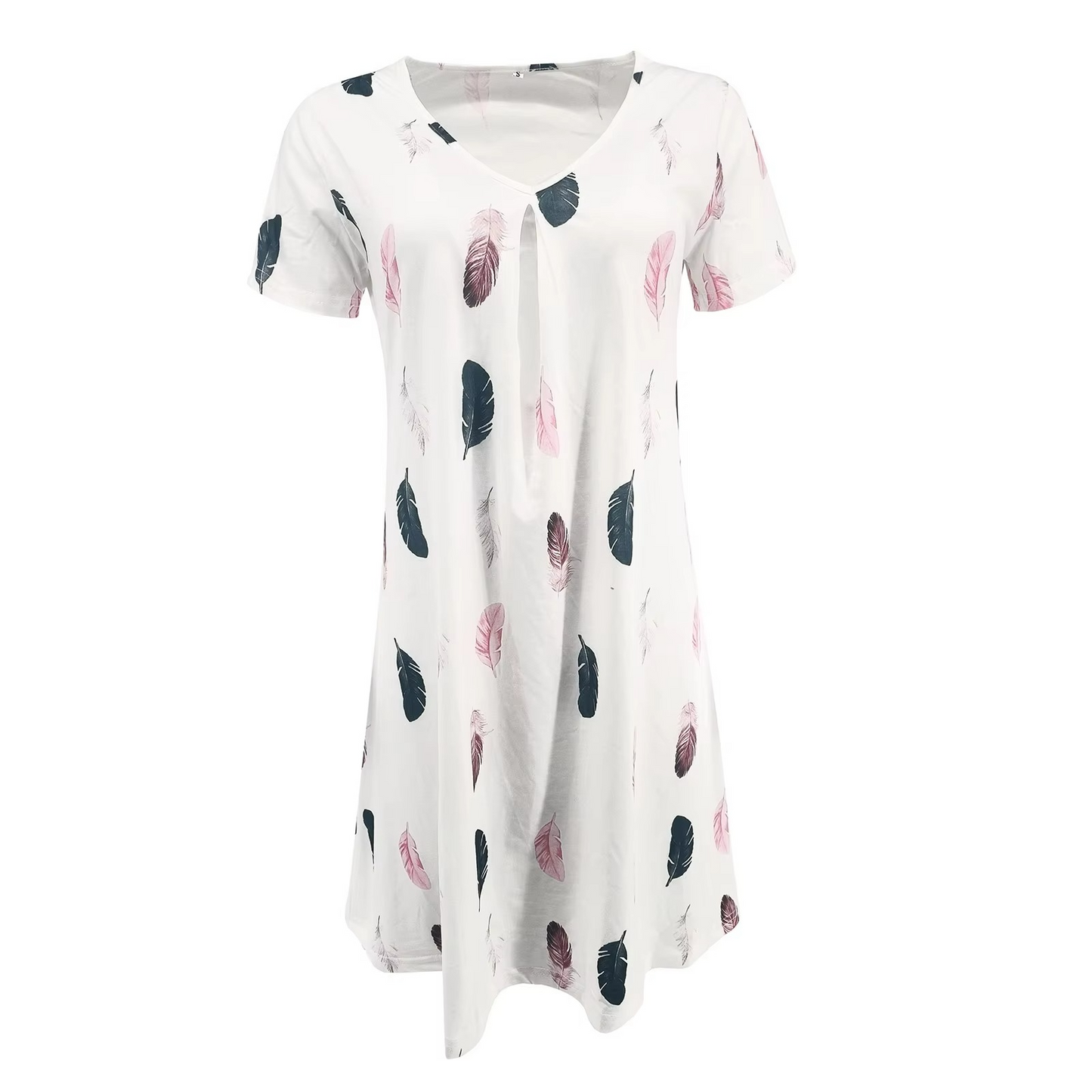 Feather Print V-Neck Mini Dress – Effortless Bohemian Elegance