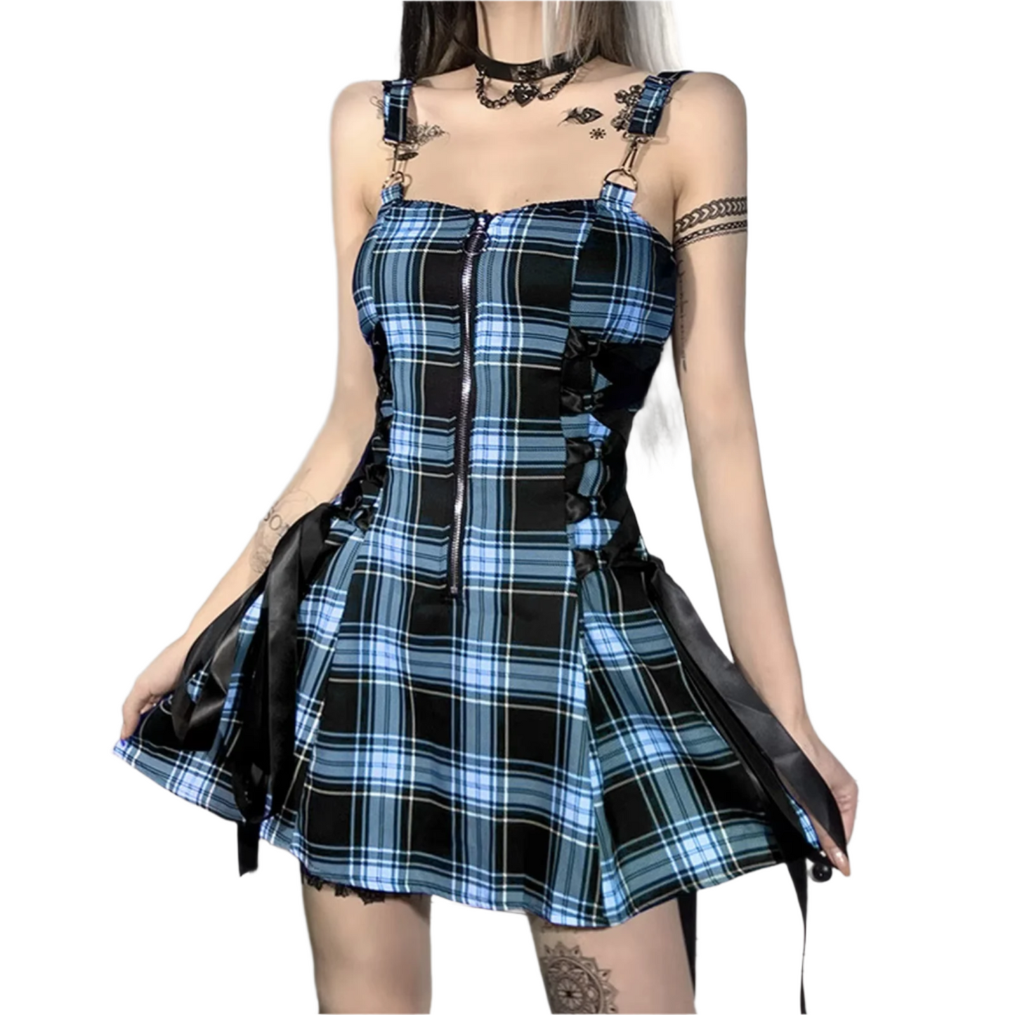 Velvet Plaid Lace-Up Dress – Edgy Elegance & Punk Chic