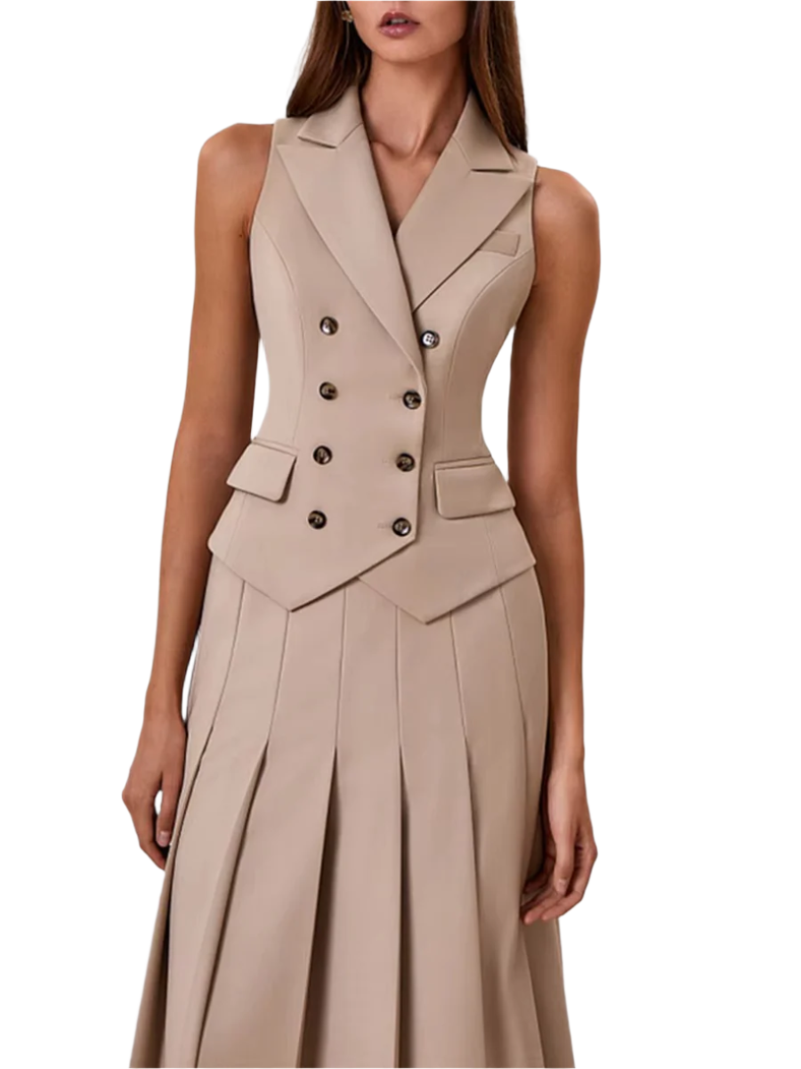 3-Piece Women’s Elegant Work & Casual Suit Set – Fitted Vest & Pleated Midi Skirt
