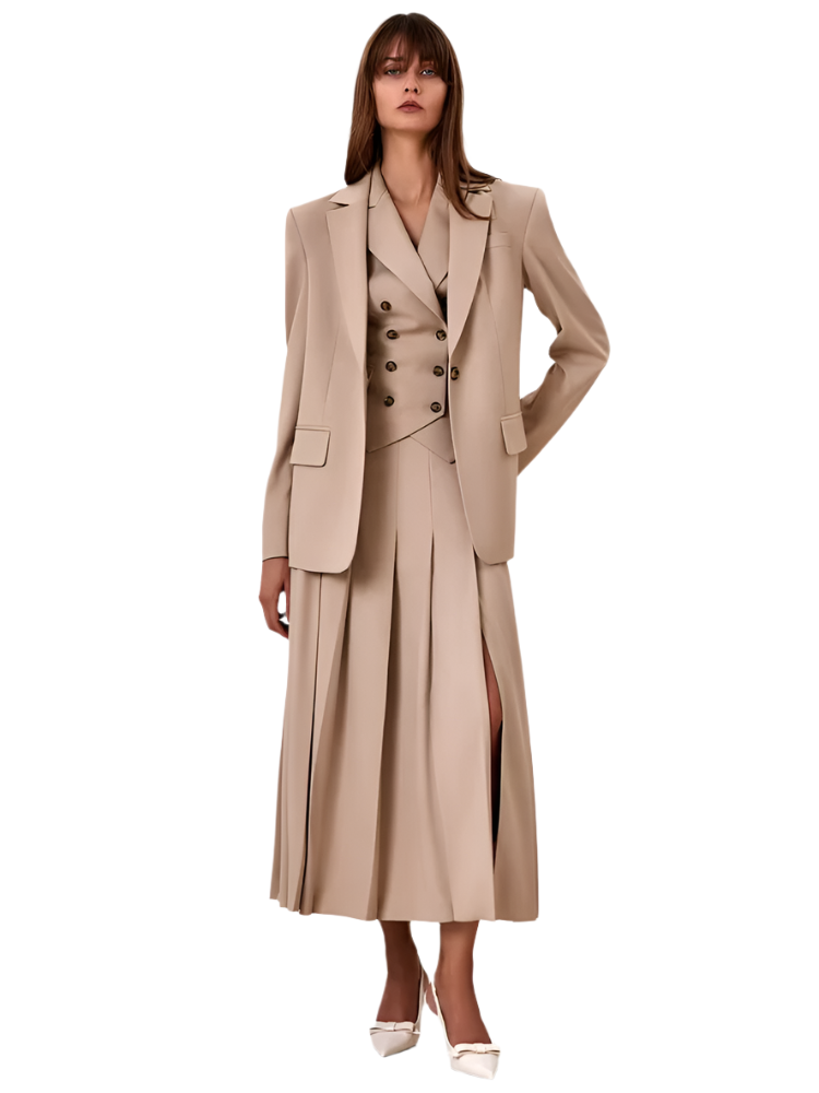 3-Piece Women’s Elegant Work & Casual Suit Set – Fitted Vest & Pleated Midi Skirt