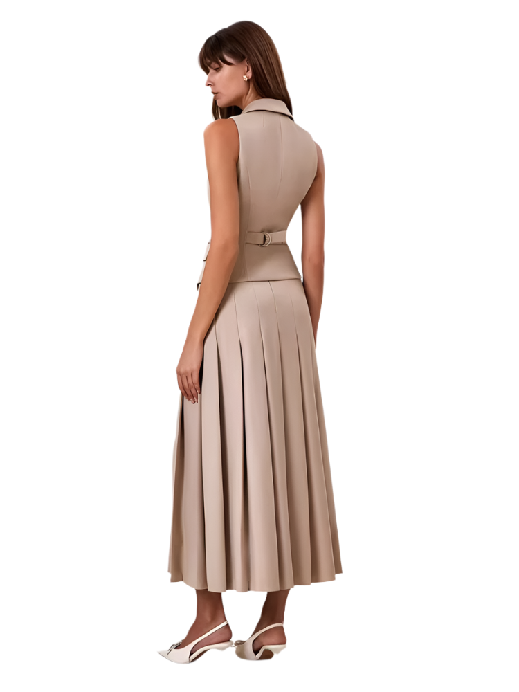3-Piece Women’s Elegant Work & Casual Suit Set – Fitted Vest & Pleated Midi Skirt