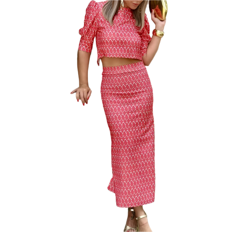 2-Piece Set – Puff Sleeve Top & Slit Skirt