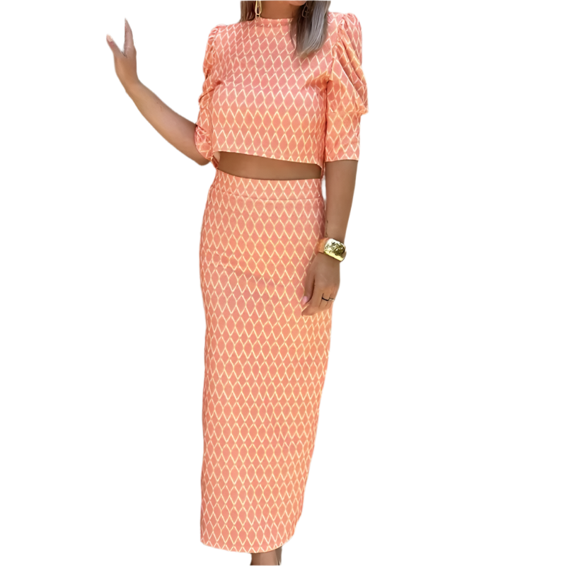 2-Piece Set – Puff Sleeve Top & Slit Skirt