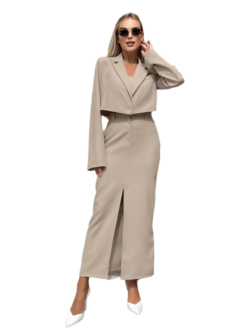 Clacive Khaki 2-Piece Office Set – Long Sleeve Crop Top & High-Waist Skirt