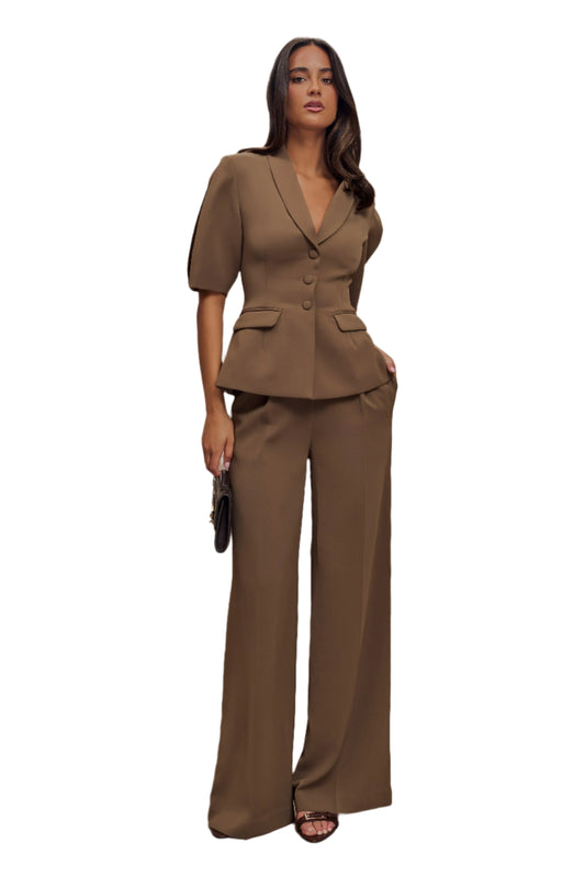 Elegant Short-Sleeve Blazer & Wide-Leg Pants Set