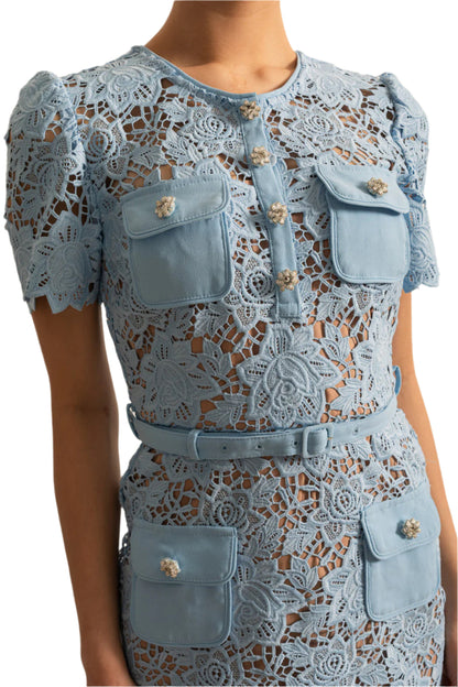 Blue Short Sleeve Embroidered Floral Dress – Feminine Elegance Meets Everyday Ease