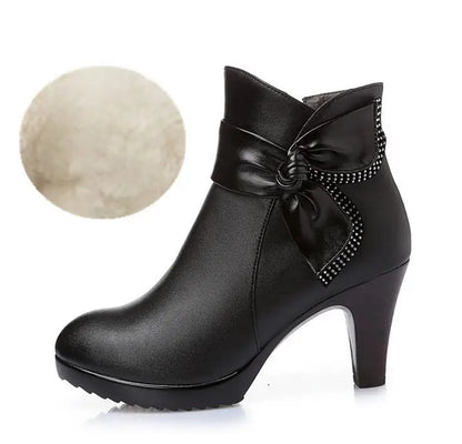 Winter Wool Leather High Heel Ankle Boots