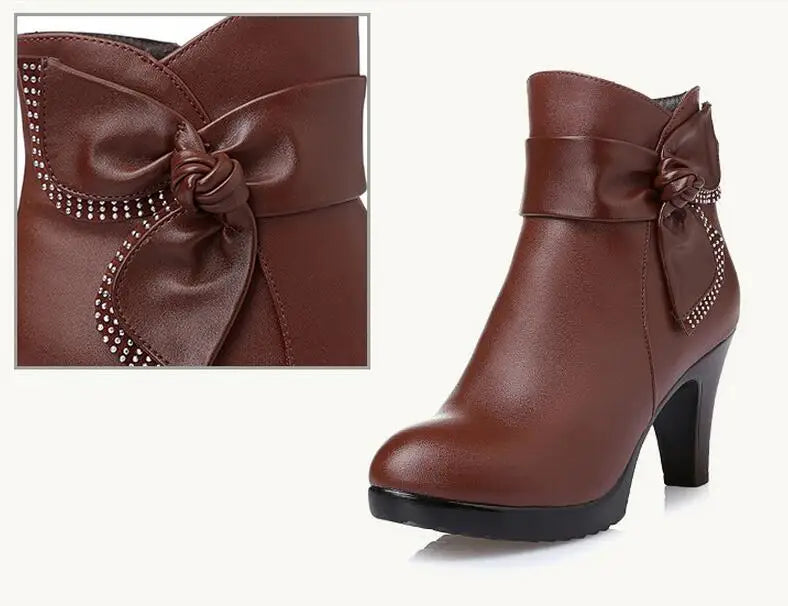 Winter Wool Leather High Heel Ankle Boots