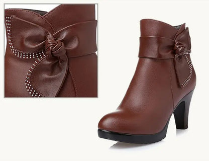 Winter Wool Leather High Heel Ankle Boots