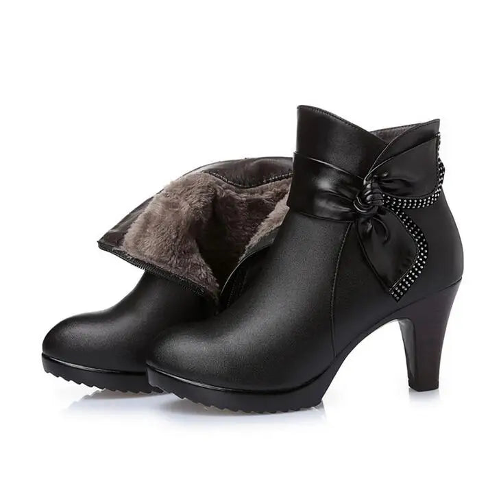 Winter Wool Leather High Heel Ankle Boots