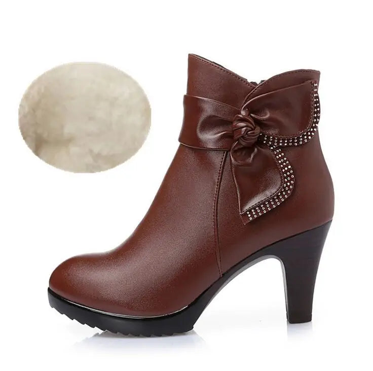 Winter Wool Leather High Heel Ankle Boots