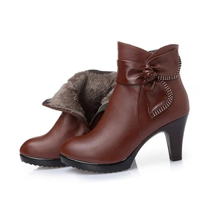 Winter Wool Leather High Heel Ankle Boots