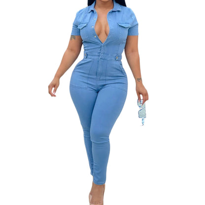 Slim Fit Denim Jumpsuit – Long