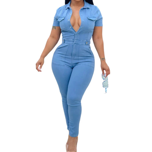 Slim Fit Denim Jumpsuit – Long