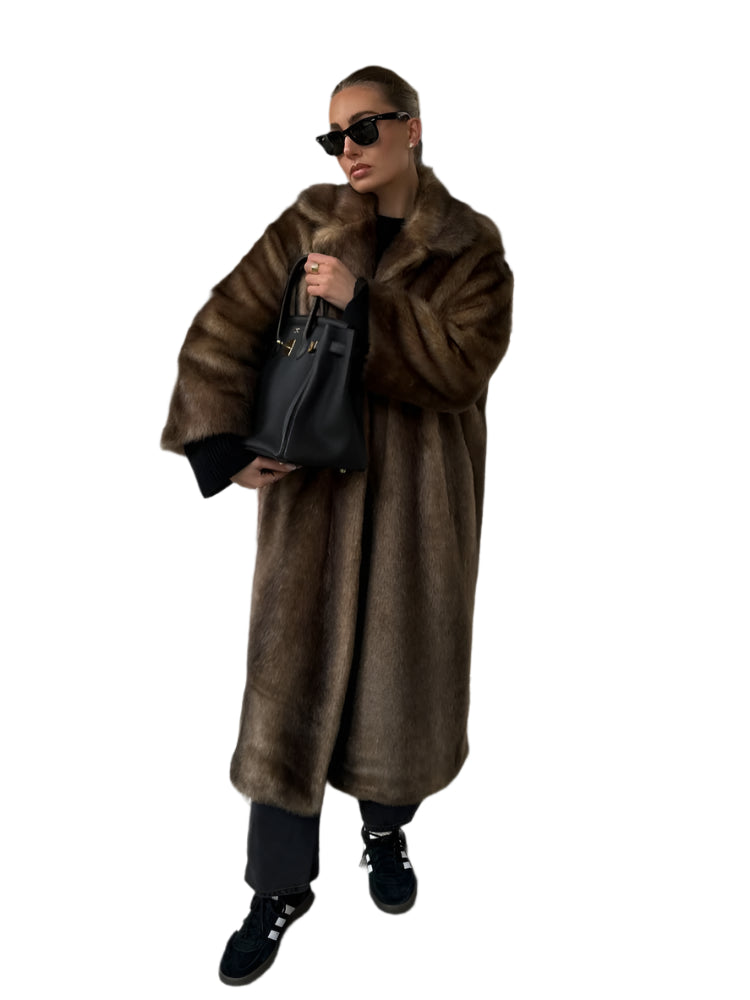 Women Fashion Dark Brown Thicken Warm Faux Fur Long Overcoat