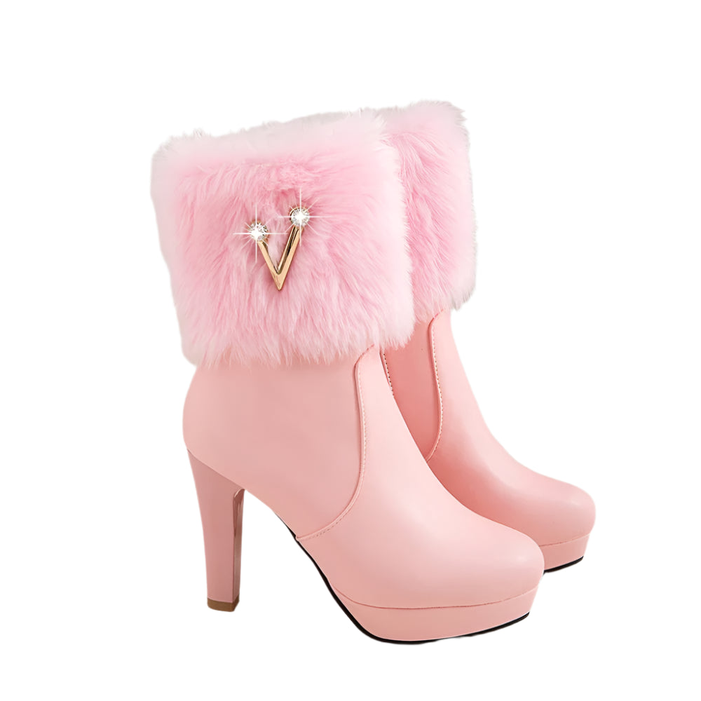 Fur Crystal Zipper High Heel Boots