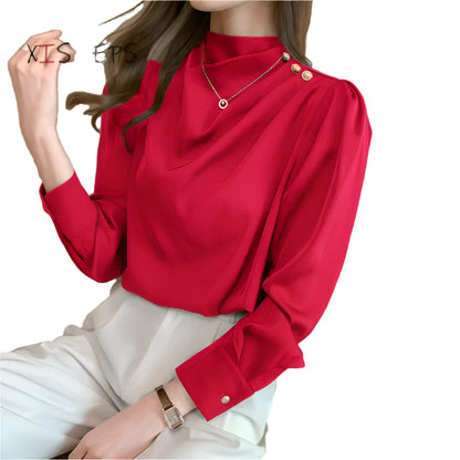 Women Shirt Long Puff Sleeve Satin