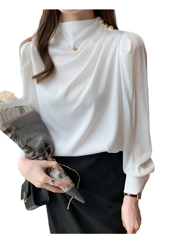 Women Shirt Long Puff Sleeve Satin