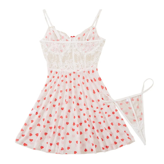 Heart Print Lace Lingerie Set