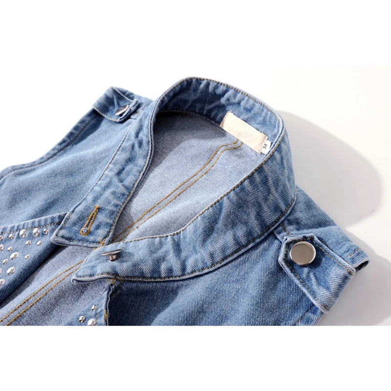 Vintage Blue Rivet Stand Collar Denim