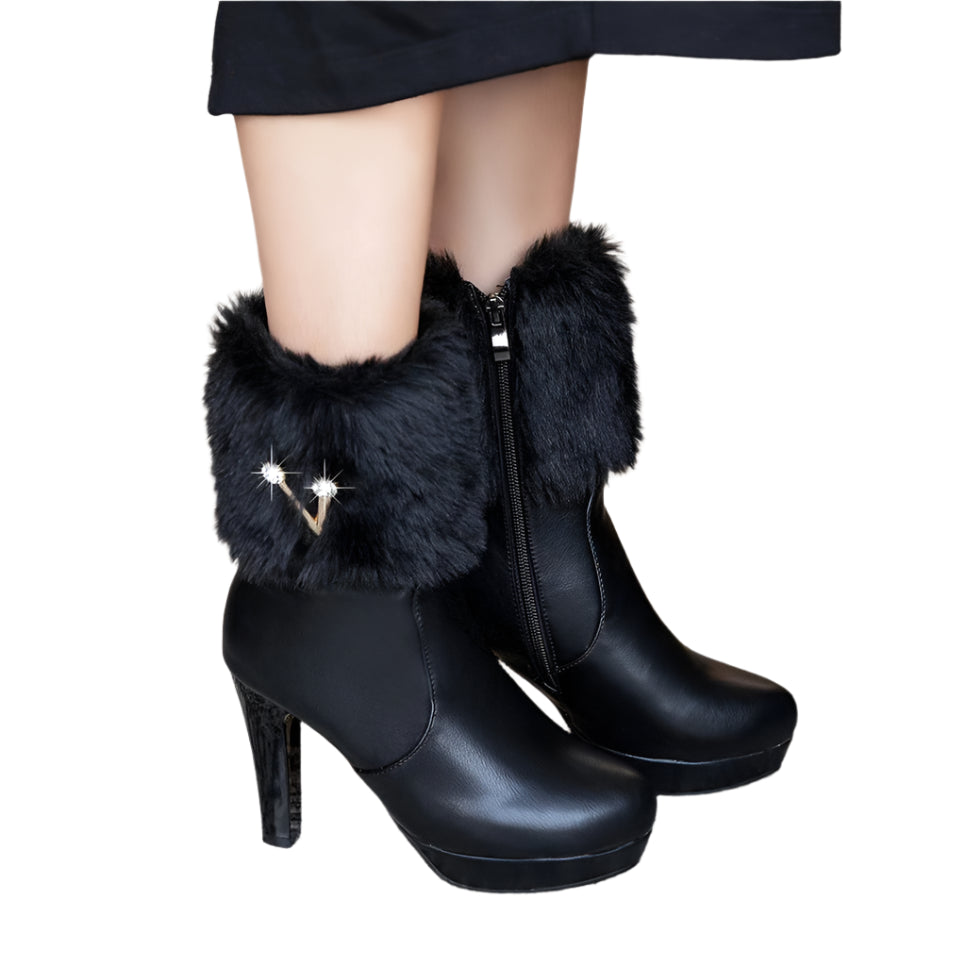 Fur Crystal Zipper High Heel Boots