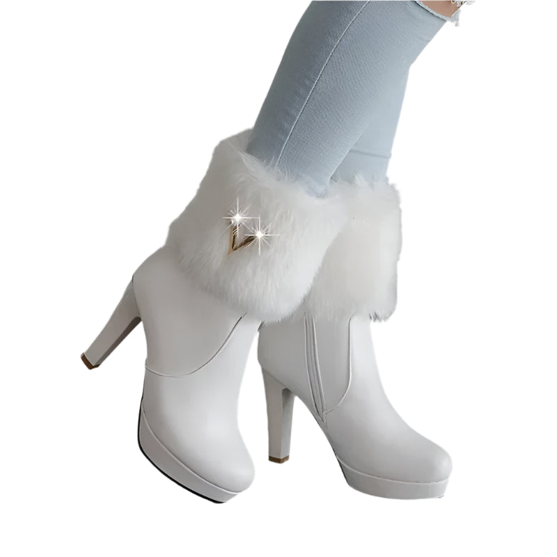 Fur Crystal Zipper High Heel Boots