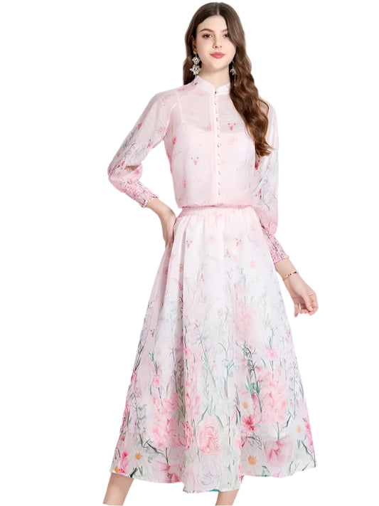 Elegant Organza Floral Two-Piece Set – Summer Holiday Outfit