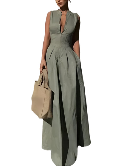 Zipper Long Dress Pleated