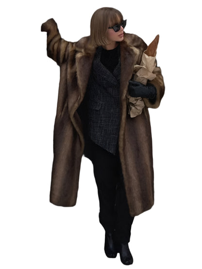 Women Fashion Dark Brown Thicken Warm Faux Fur Long Overcoat