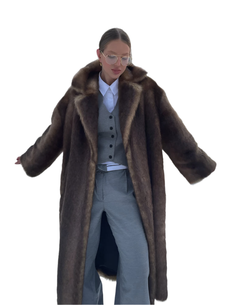 Women Fashion Dark Brown Thicken Warm Faux Fur Long Overcoat