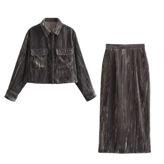 Velvet Shirt & High Waist Skirt Set