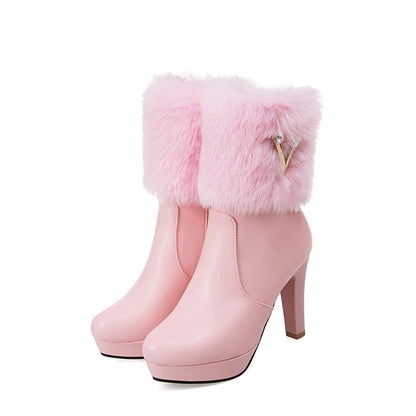 Fur Crystal Zipper High Heel Boots